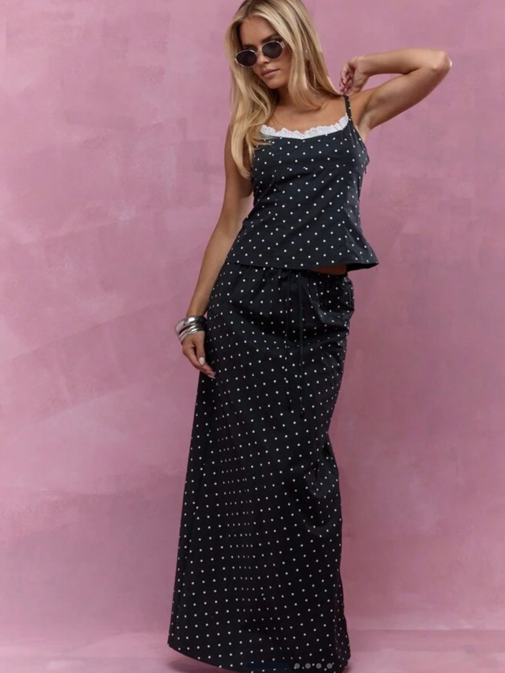 Missguided Black Polka Dot Maxi Skirt Set with Lace Trim